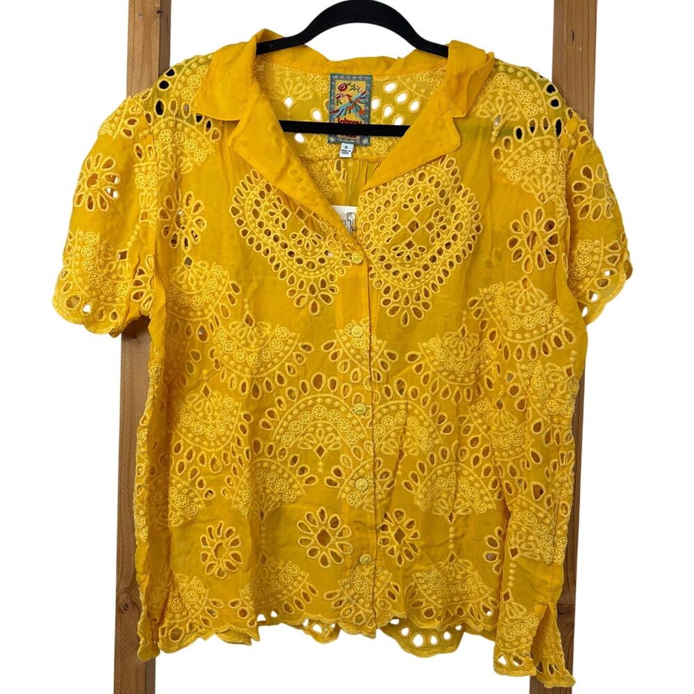 NWT Johnny Was Yellow Short Sleeve Button Up Top Size XL